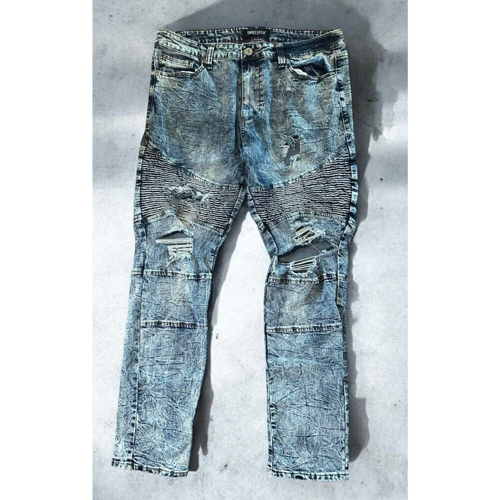 VTG Men Smoke Ash Denim Acid Wash  Jeans Destroyed Ripped Motto 36 X 32